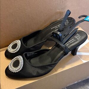 Black Satin Heels with Embellished Detail